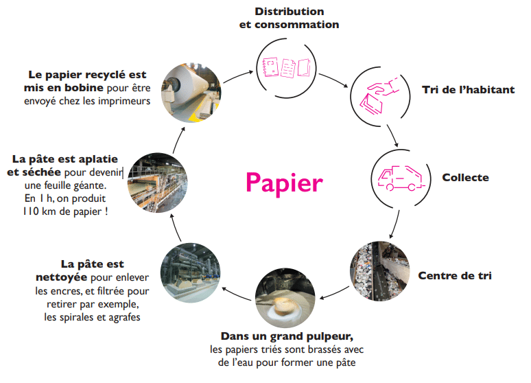 Schéma des étapes de recyclage du papier 